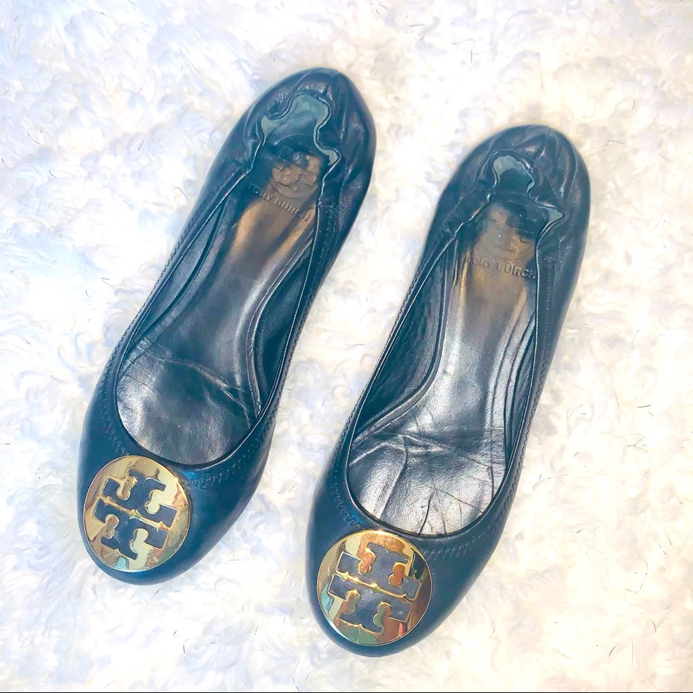Tory Burch  Black & Gold Leather Reva Flats